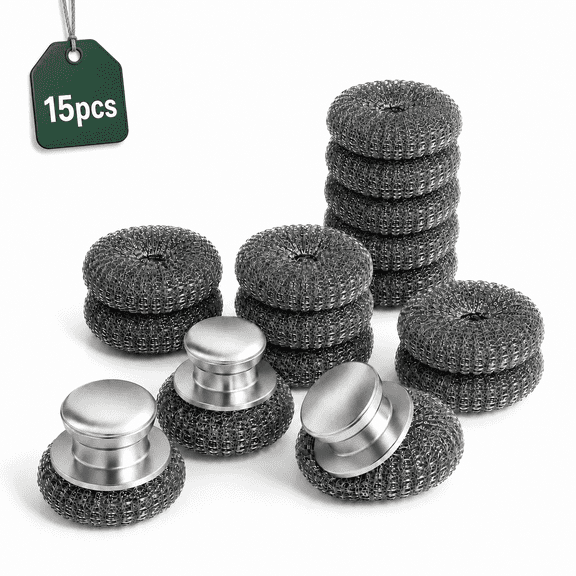 Steel Wool Scrubber with Handle, 15 Pcs Stainless Steel Scrubber Set, Steel Wool Pads and Heavy Duty Scrub Pads, Metal Scrubber Scouring Pads for Cast Iron, Pots, Pans, Grill, Stove, Sink