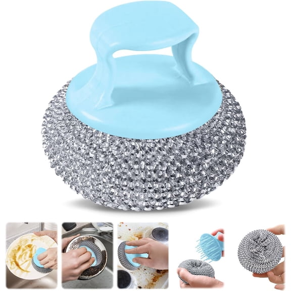 Steel Wool Scrubber with Handle, Multifunctional Metal Scrubber for Pan Pot, Metal Scouring Pads Dishwashing Stainless Steel Scrubbing Pads for Kitchen
