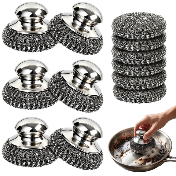 Steel Wool Scrubber with Handle,Stainless Scrubber Set with Replacement Steel Wool Pads,for Cleaning Dishes, Stoves, Pots and Pans, Grill, Wash Sink, Dishes, Kitchen (2Pcs)