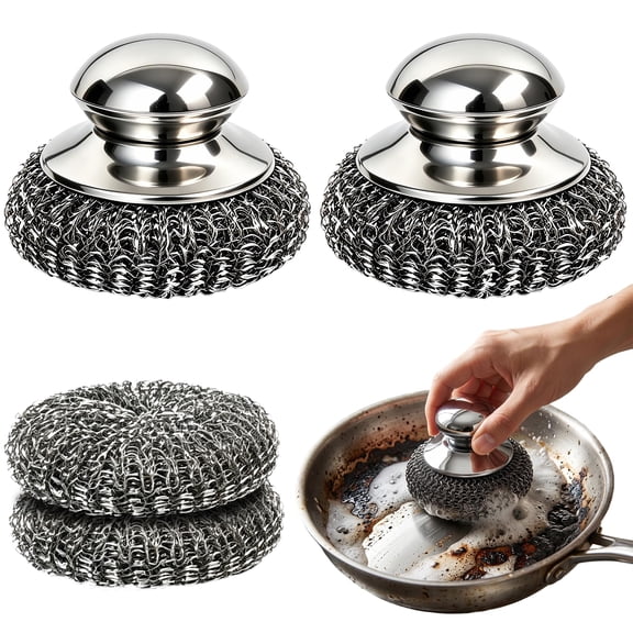 Steel Wool Scrubber with Handle,Stainless Scrubber Set with Replacement Steel Wool Pads,for Cleaning Dishes, Stoves, Pots and Pans, Grill, Wash Sink, Dishes, Kitchen (2Pcs)