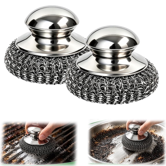 Steel Wool Scrubber with Handle, Replacement Steel Wool Pads Set for Cleaning Pots Pans Grill Stove Sink Dishes(2 PCS)
