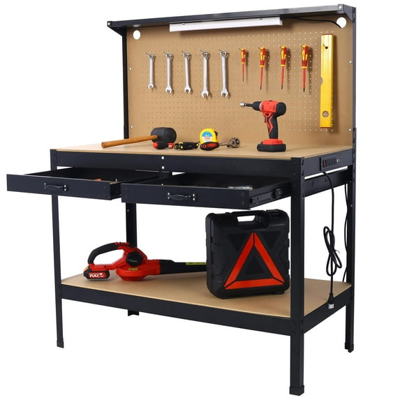 Steel Workbench Tool Storage Work Bench Workshop Tools Table W/Drawer and Peg Board ,4xAC outlets 2xUSB Ports