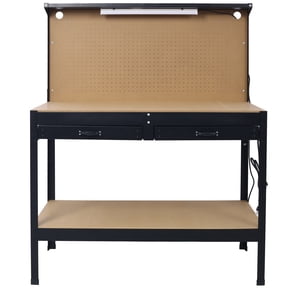 Steel Workbench with Drawer, Pegboard, LED Light & Power Outlets - Black Garage Workshop Table