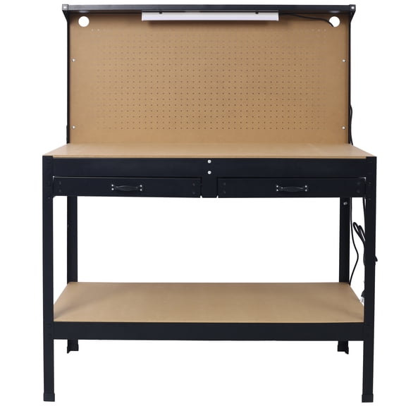 Steel Workbench with Drawer, Pegboard, LED Light & Power Outlets - Black Garage Workshop Table