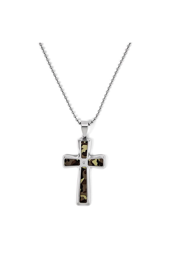Steel and Diamond Camo Cross on 24in 2.4mm Bead Chain