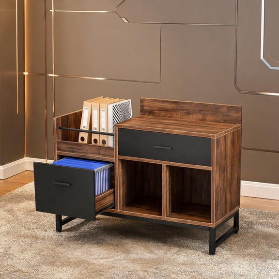 Steel and Particle Board Lateral Filing Cabinet, Home Office Storage Organizer, Deep Black and Brown, 2 Drawer Storage