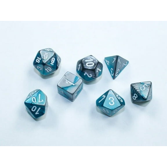 Steel and Teal Gemini Mini Dice with White Colored Numbers 10mm (3/8in) Set of 7 Chessex