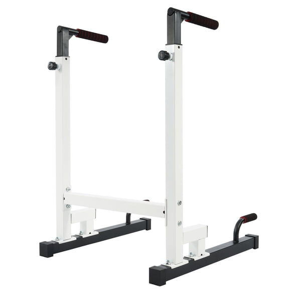 Steel frame parallel bar, height adjustable, 500 lbs load capacity home fitness equipment suitable for exercises including triceps training, push-ups, pull-ups, leg raises, and bench presses whit