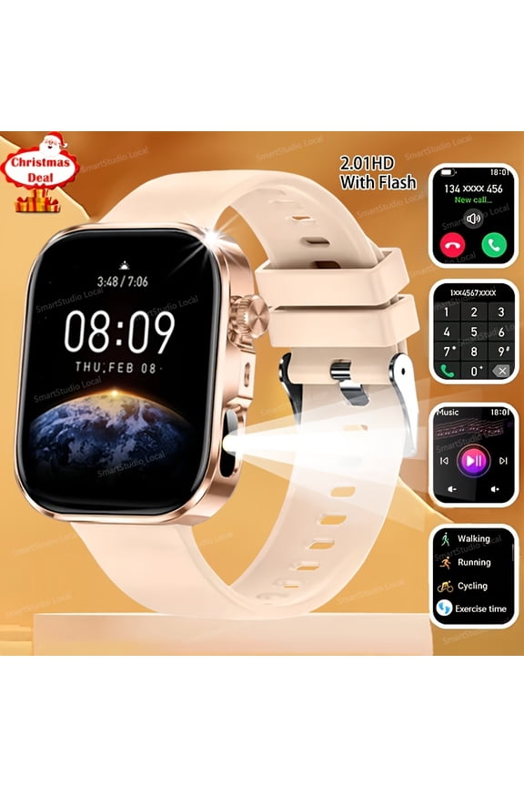 Steel-strap smartwatch with 2.01-inch full touch screen and magnetic charging. Features calls, message reminders and flashlight for universal use.