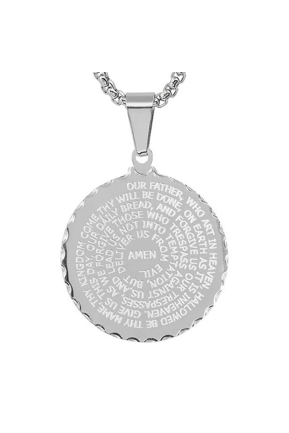 Lord's Prayer Medallion Necklace Stainless Steel Christian Necklace, Silver