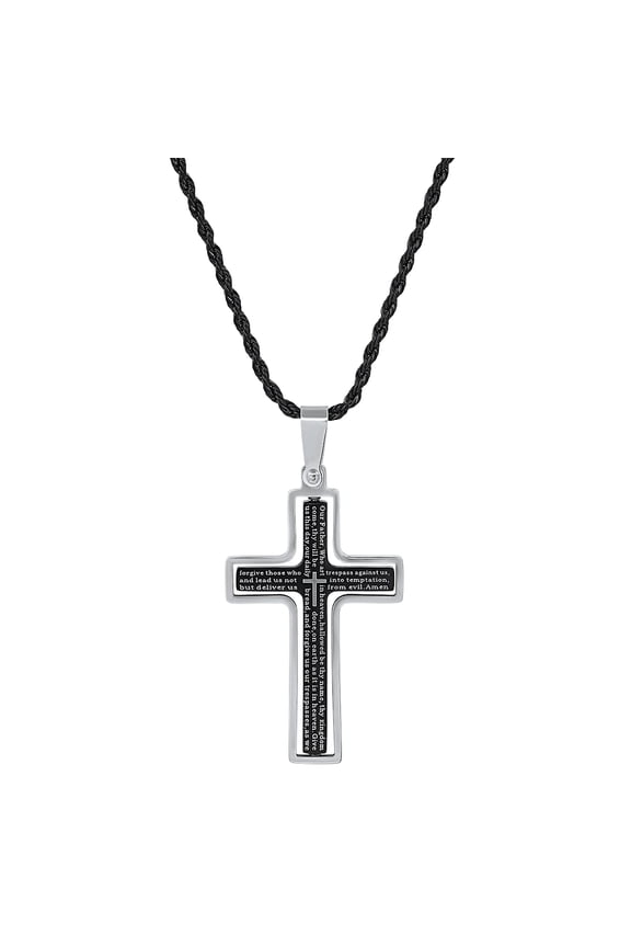 Lord's Prayer Spinner Cross Pendant Necklace Stainless Steel Jewelry, Black Ion Silver
