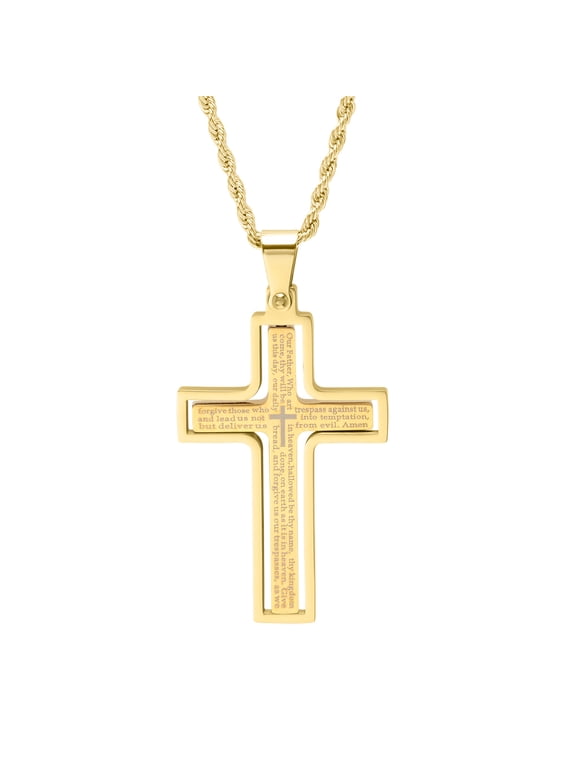 Lord's Prayer Spinner Cross Pendant Necklace Stainless Steel Jewelry, Gold