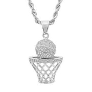 SteelTime Mens 18K Silver Plated Stainless Steel Basketball Hoop Chain Pendant Necklace