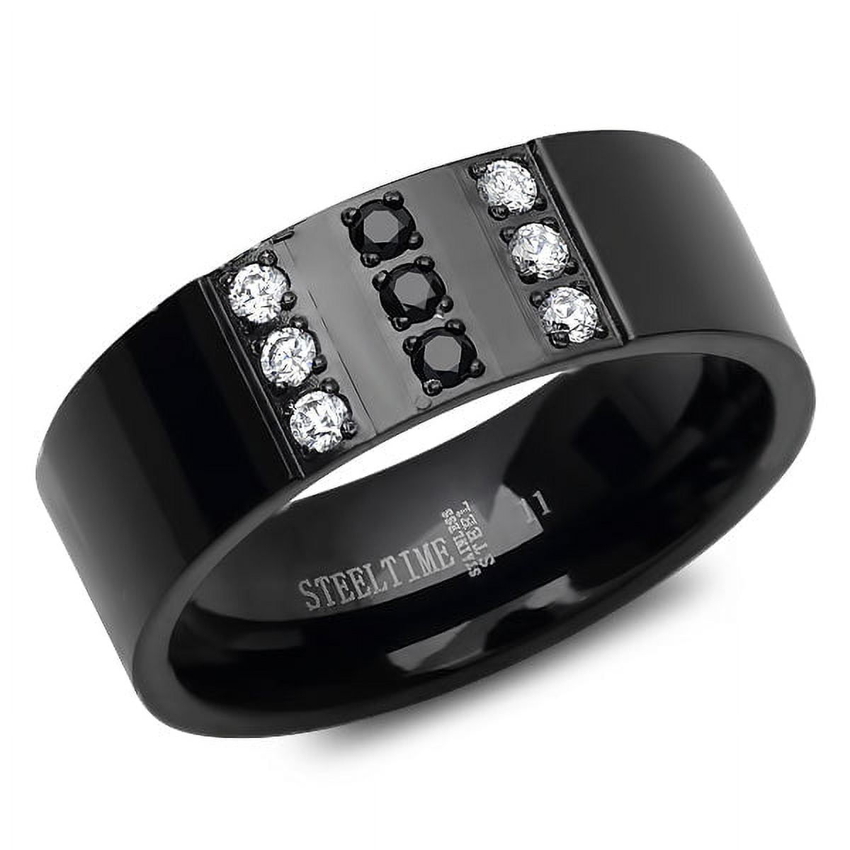 SteelTime Men s Black Midnight Sky Ring with CZ and Jet Diamonds Bold and Dazzling Statement Piece