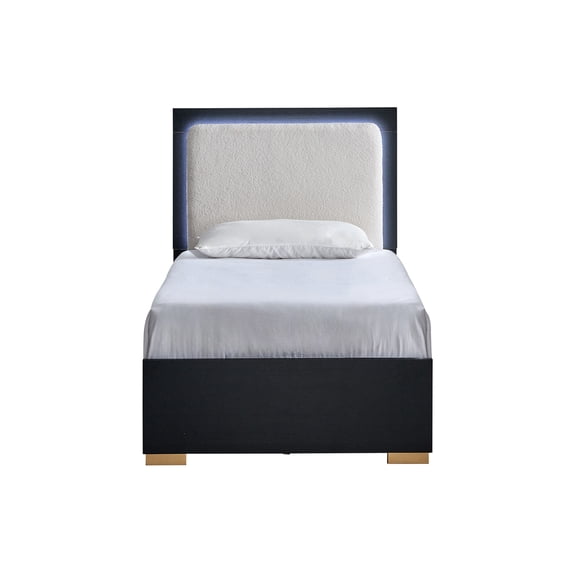 Steeler Black and Gold Wood Frame Twin Panel Bed with LED Lighted Headboard