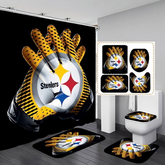 Steelers Shower Curtain Bathroom 4 Pieces Set Toilet Lid Cover and Bath Mat, Non-Slip Rugs Durable and Waterproof, for Bathroom Decor Set, 72" x 72"