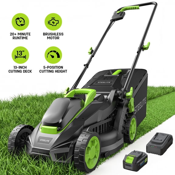 Steelite 13-Inch Cordless Lawn Mower, 21V Electric Lawn Mowers with Brushless Motor for Garden,5 Heights Adjustment, 4.0Ah Battery & Charger Included