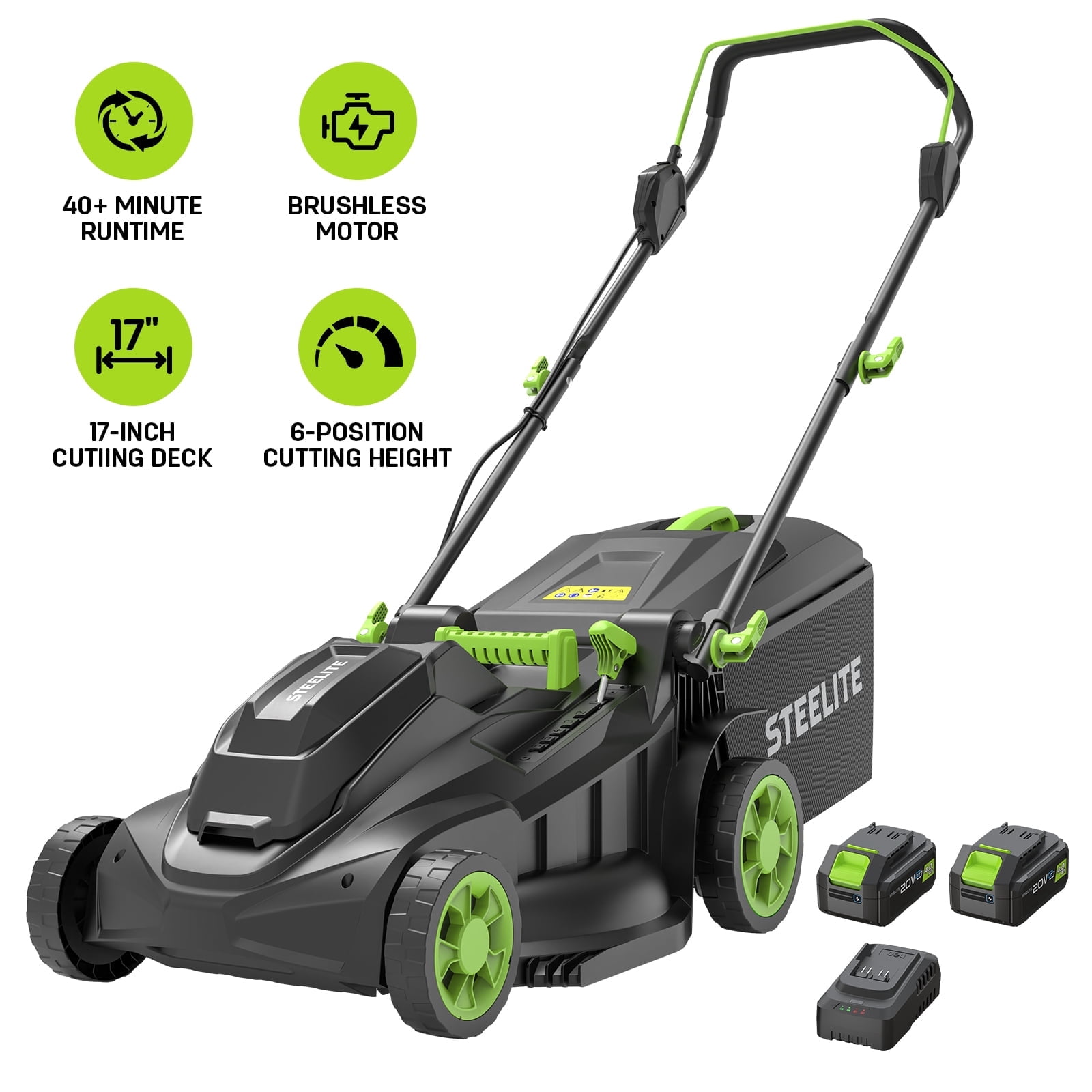 Steelite 17" Cordless Lawn Mower, 2x21V Battery Powered Walk-Behind Push Mowers,Electric Lawn Mowers with Brushless Motor, 2-in-1 Mulching & Bagging,6 Heights Adjustment, 2*4.0Ah Battery Included