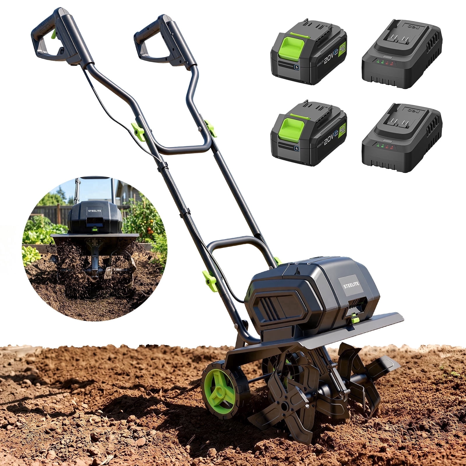 Steelite 2x21V Max 14-Inch Cordless Tiller with Brushless Motor,Battery Powered Garden Tiller for Gardening/Soil Cultivation,Tiller Cultivator and Garden Rototiller, 2* 4.0 Ah Batteries Included