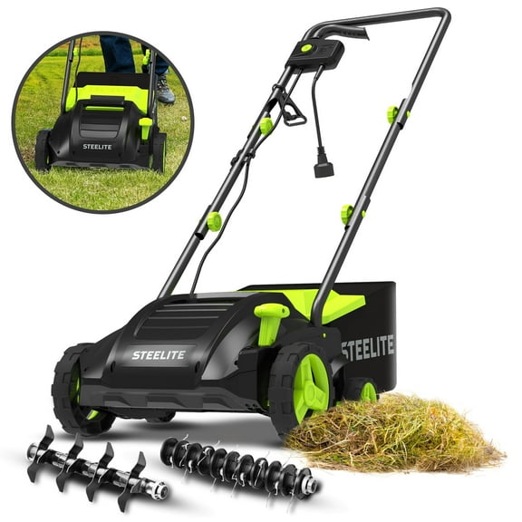 Steelite 2-in-1 Electric Dethatcher and Scarifier,13-Inch 12-Amp Corded Electric Dethatcher with Removable 8-Gallon Collection Bag,for Grass Garden Yard