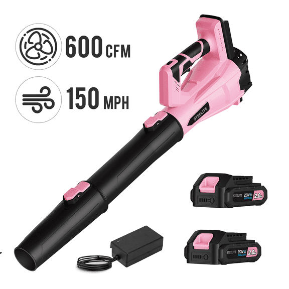 Steelite 21V Cordless Leaf Blower,150 MPH 600 CFM,Electric Leaf Blower with 2 x 2.0Ah Battery Packs and Charger,Lightweight Battery Powered Leaf Blower for Lawn Care, Patio Cleaning,Pink