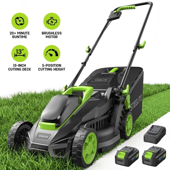 Steelite 2x21V 13" Cordless Lawn Mower,Electric Lawn Mowers with Brushless Motor for Garden/Yard/Farm, Lightweight with 8-Gallon Grass Bag,5 Heights Adjustment, 2*4.0Ah Battery & Charger Included