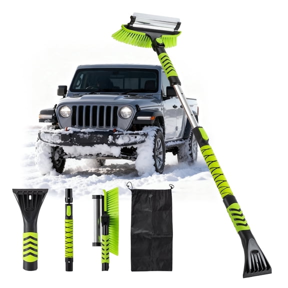 Steelite 43" Ice Scraper and Extendable Snow Brush for Car Windshield, Detachable Snow Scraper Broom with Foam Grip 180° Pivoting Head for Car Auto Truck SUVs, Green