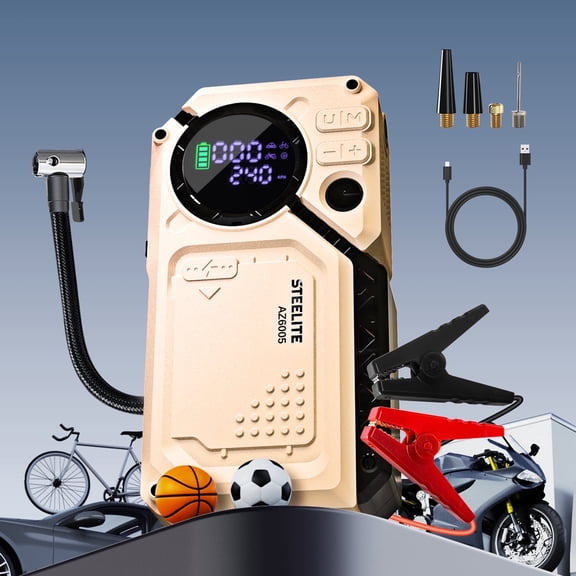 Steelite 6000A Car Battery Jump Starter with Air Compressor 150 PSI, Powerful Car Jump Starter (All Gas/12L Diesel), 12V Jump Box with USB Quick Charge,7-in-1 Jump Starter Power Bank