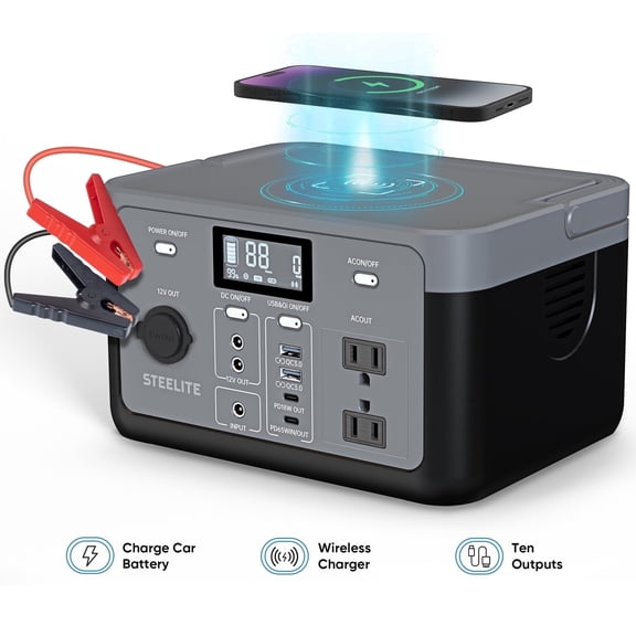 Steelite Portable Power Station 300W (600W Peak) ,192Wh (60,000mAh) Camping Lithium Battery Solar Generator with 60W PD In/Output Fast Charging, 120V AC Outlets Outdoor Power Bank for Camping, RV, Em