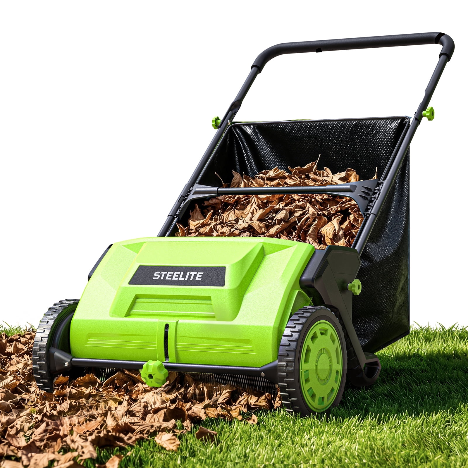 Steelite Push Lawn Sweeper,21-inch Leaf & Grass Collector, Leaf Sweeper for Lawn ,Heavy Duty Thickened Steel Durable to Use with Large 3.6 cu. ft. Mesh Collection Hopper Bag, 2 Spinning Brushes