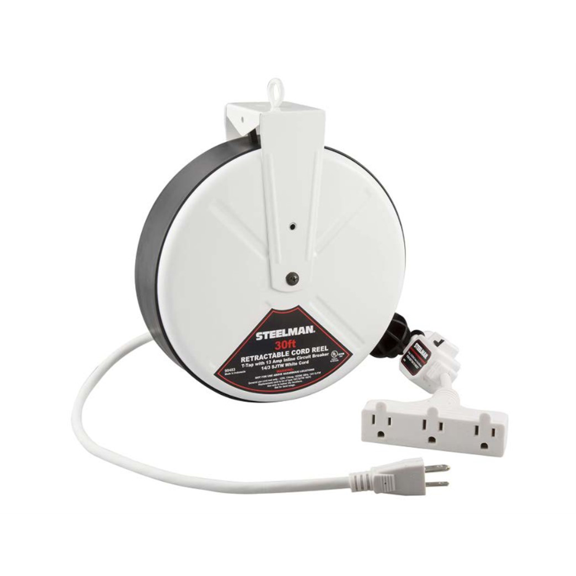 J S Products (steelman) Electric Reel, 30' Cord, White, 13 amp T-Tap