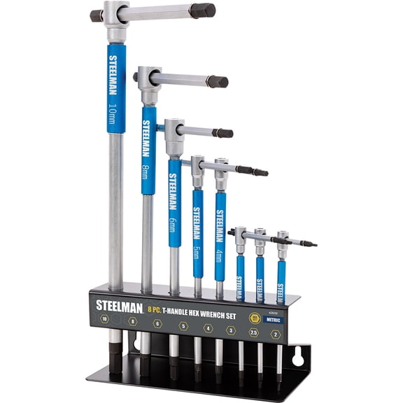 Steelman Pro 42600 8-Piece Sliding T-Handle Metric Hex Key Set with Free-Spinning Grip Sleeves JSP-42600