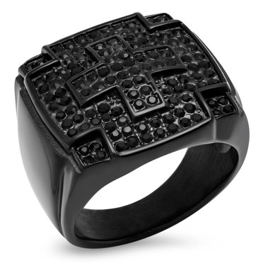 Men's Black Ion Stainless Steel Ring – Olive Green & Yellow CZ, Sizes 8-13