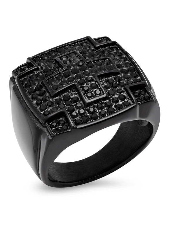 Men's Black Ion Plated Stainless Steel Cross Statement Ring with Cubic Zirconia Diamonds