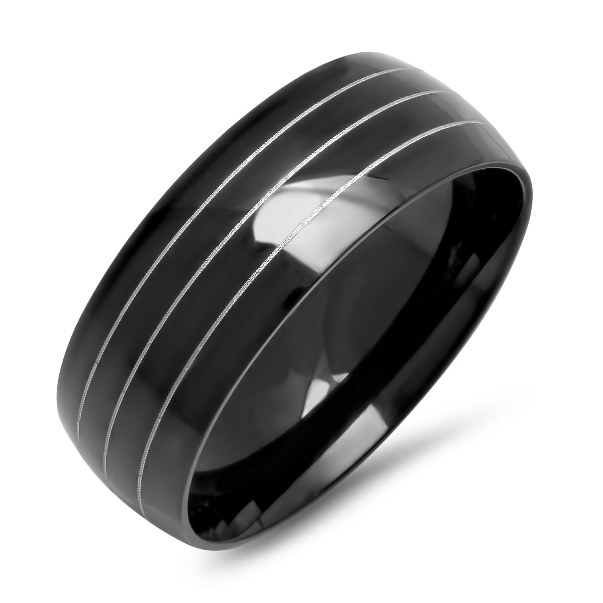 Steeltime Men's Black Ion Plated Stainless Steel Striped Ring Band