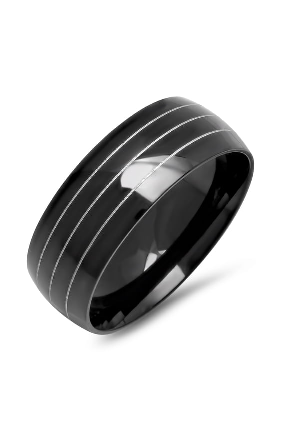 Men's Black Ion Plated Stainless Steel Striped Ring Band