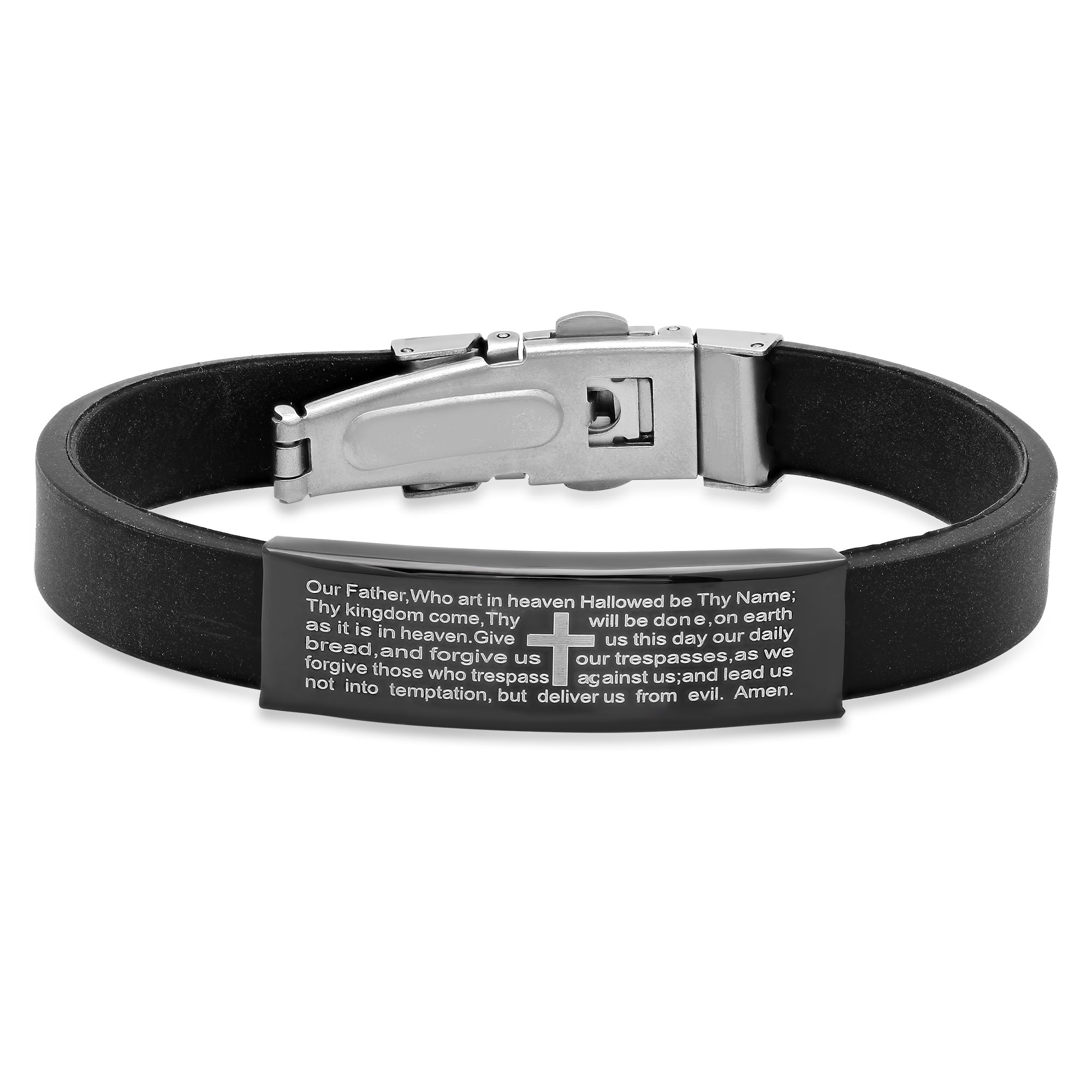 Steeltime Men's Black Silicone & Stainless Steel ID Bracelet with Lords Prayer Inscription