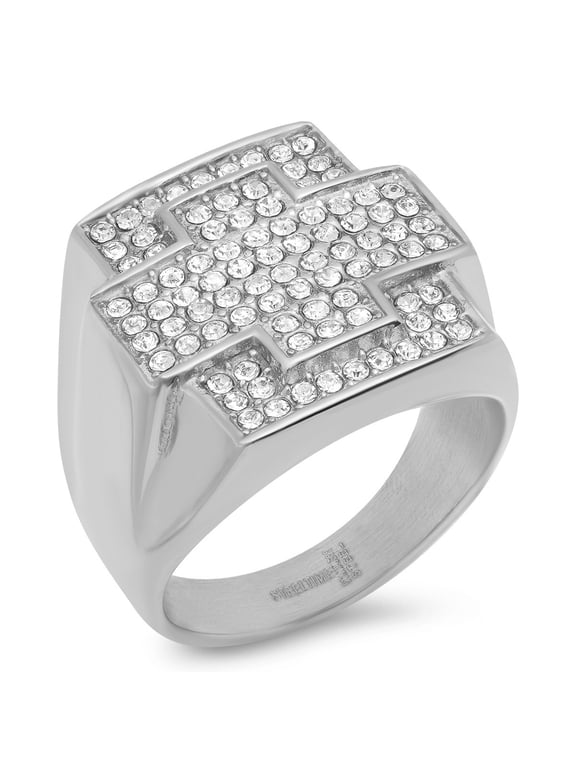 Men's Stainless Steel Cross Statement Ring with Cubic Zirconia Diamonds