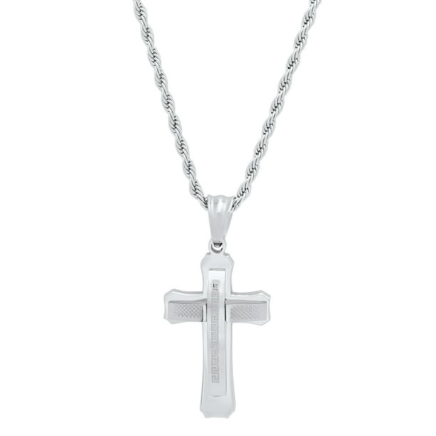 Steeltime Men's Stainless Steel Greek Key Accented Cross Pendant