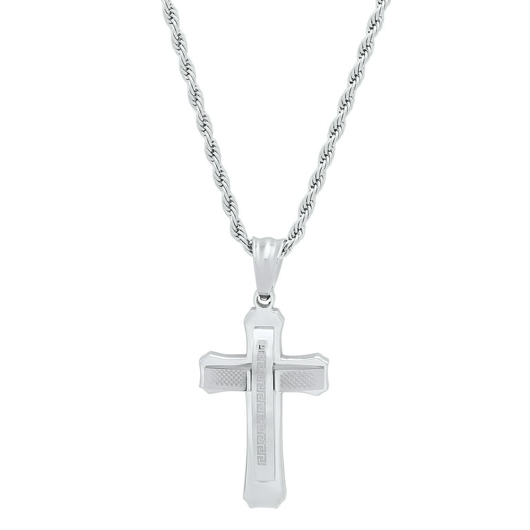 Steeltime Men's Stainless Steel Greek Key Accented Cross Pendant