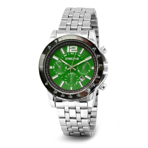 Steeltime Men's Stainless Steel Green Alloy Watch Equipped with a Tachymeter
