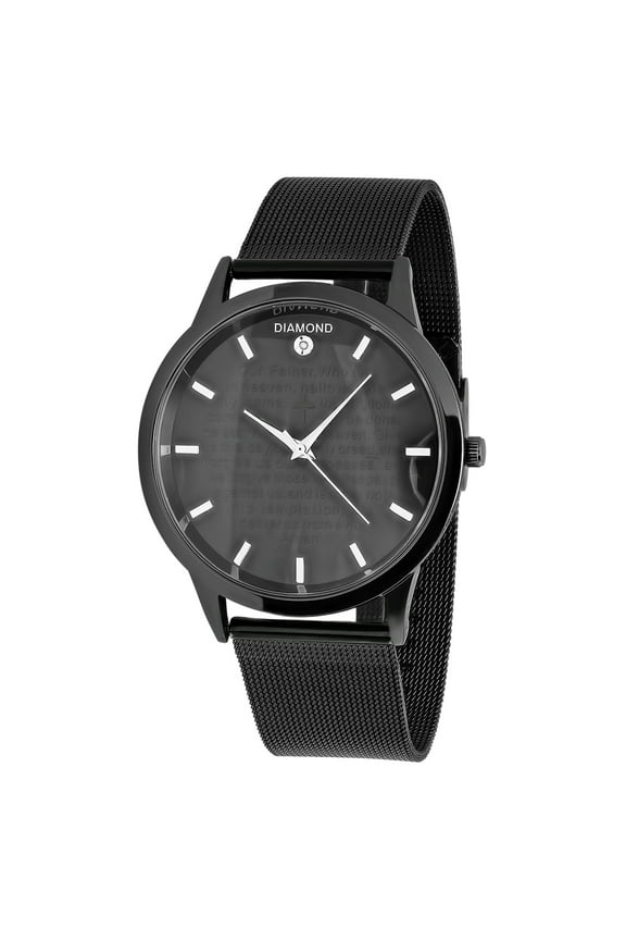 Men's Stainless Steel Lords Prayer Analog Watch with a Stylish Black Mesh Band and Genuine Diamond