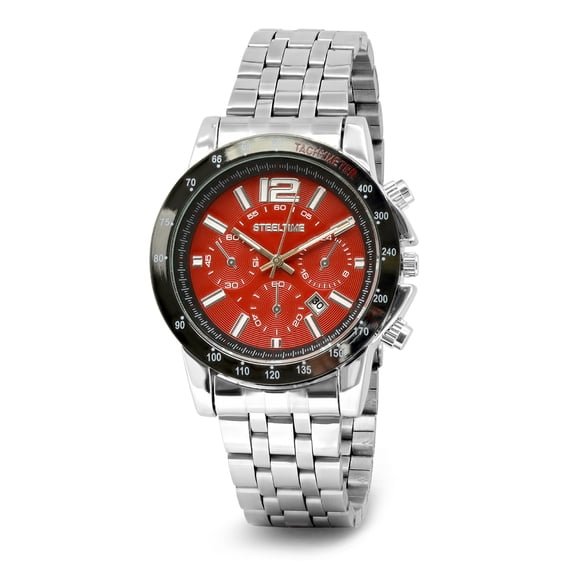 Steeltime Men's Stainless Steel Red Alloy Watch Equipped with a Tachymeter