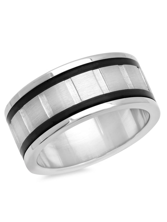 Men's Stainless Steel Striped Ring Band with Black Ring Accents