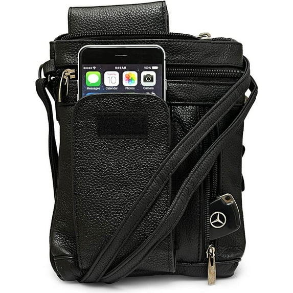 Steeltime Unisex Super Soft Leather Crossbody Bag with 5 Compartments a Phone Pocket and Carrying Strap Black