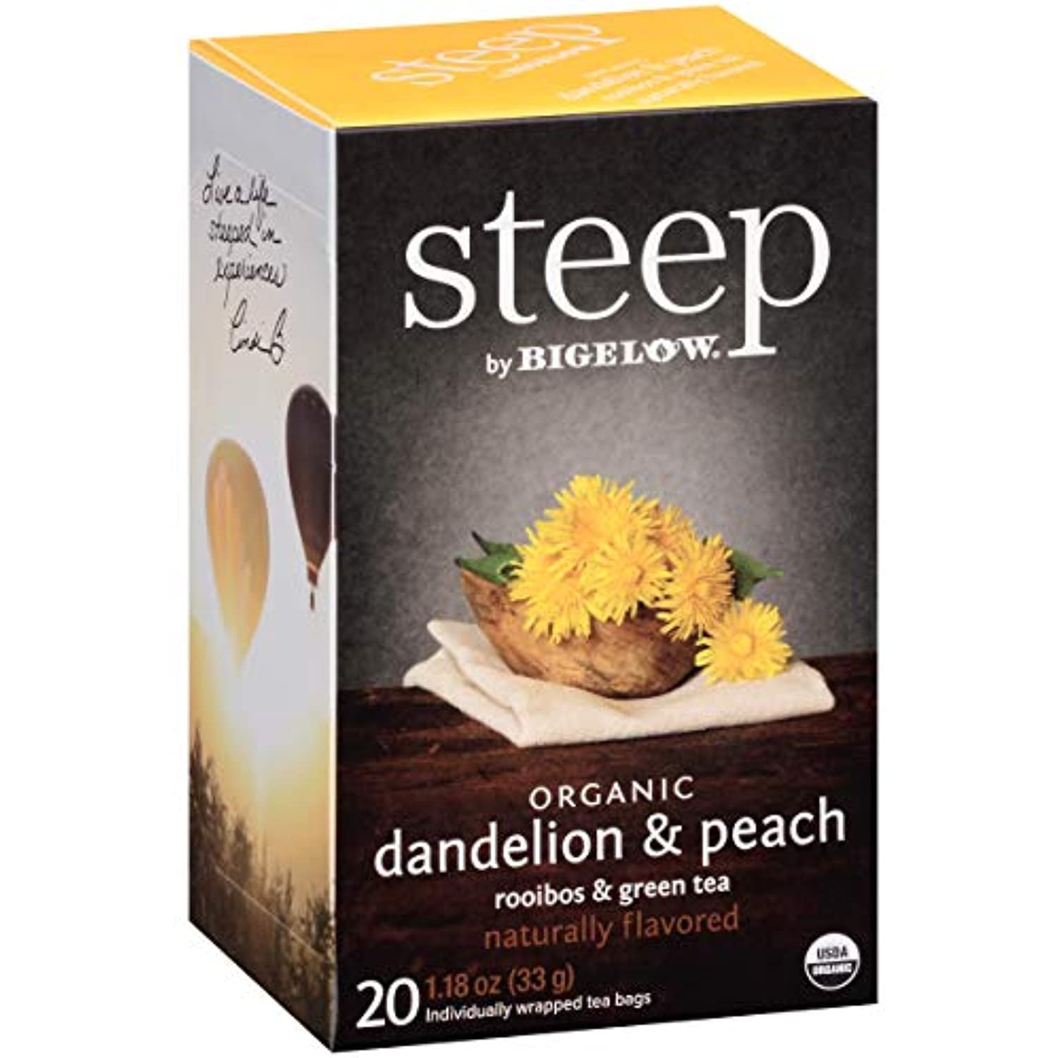 Steep By Bigelow Organic Dandelion And Peach With Rooibos And Green Tea Bags, 20 Count Box (Pack Of 6), Caffeinated 120 Tea Bags Total