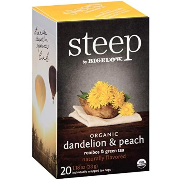 Steep By Bigelow Organic Dandelion And Peach With Rooibos And Green Tea Bags, 20 Count Box (Pack Of 6), Caffeinated 120 Tea Bags Total