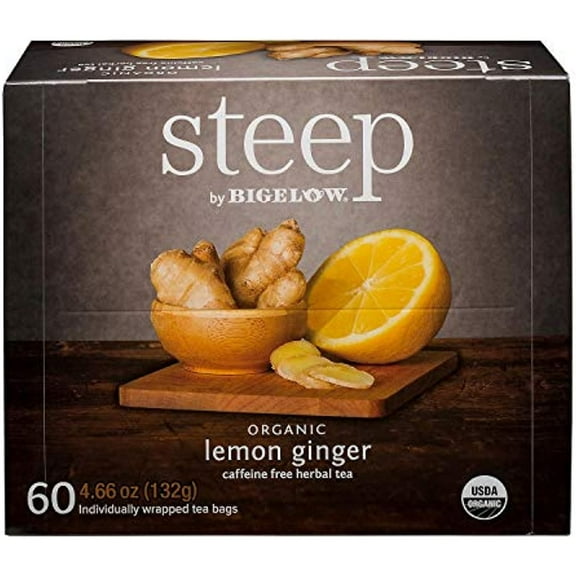 Steep By Bigelow Organic Lemon Ginger Caffeine Free Herbal Tea 60 Count (4.66 Ounces, 132 Grams)
