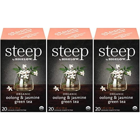 Steep Organic Oolong With Jasmine Green 20 Count Box (Pack Of 3), Certified Organic, Gluten-Free, Kosher Tea In Foil-Wrapped Bags