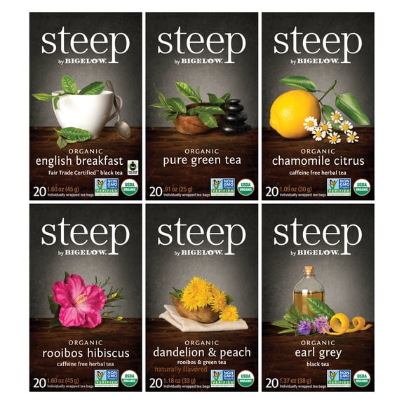 Steep by Bigelow Organic Tea Variety Pack, Tea Bags, 120 Count (case of 6 boxes)